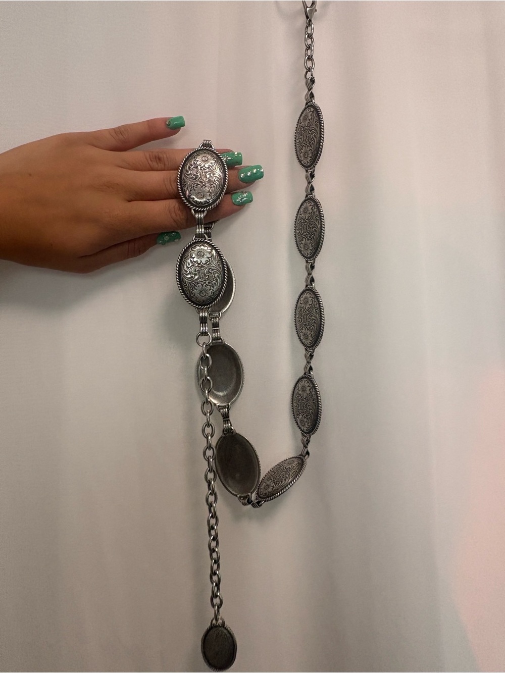 Ornate Silver-Tone Oval Medallion Waist Belt
